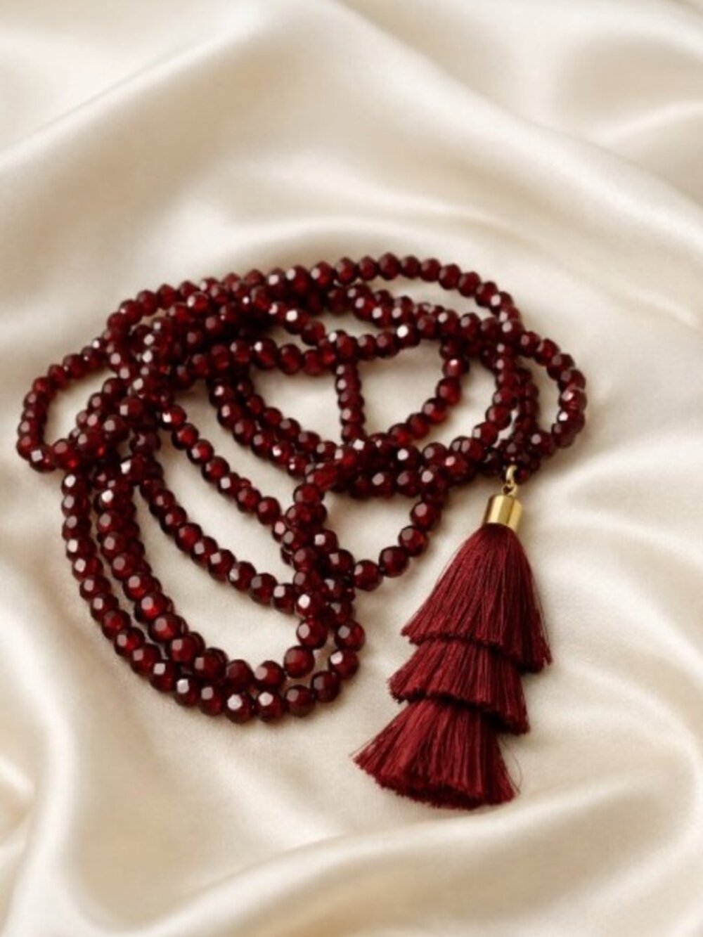 Vintage Garnet Red Sparkly Faceted Crystal Stacked Tassel Necklace – 36" Long - Picture 3 of 15